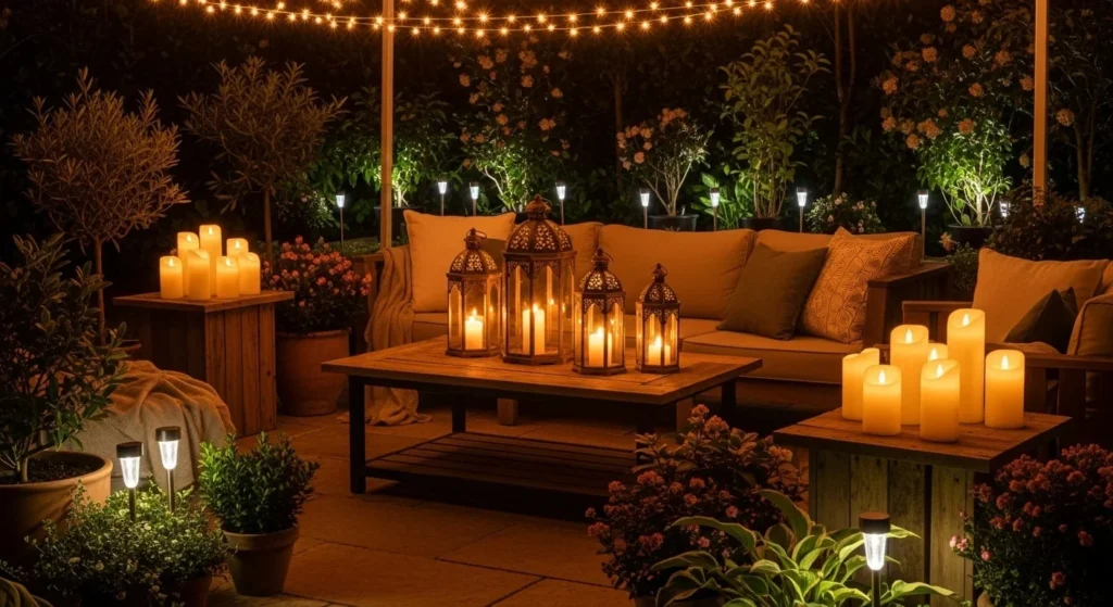7 Cozy Outdoor Living Room Ideas to Create Your Perfect Relaxing Space 6 Add Ambient Lighting for Evening Magic-min