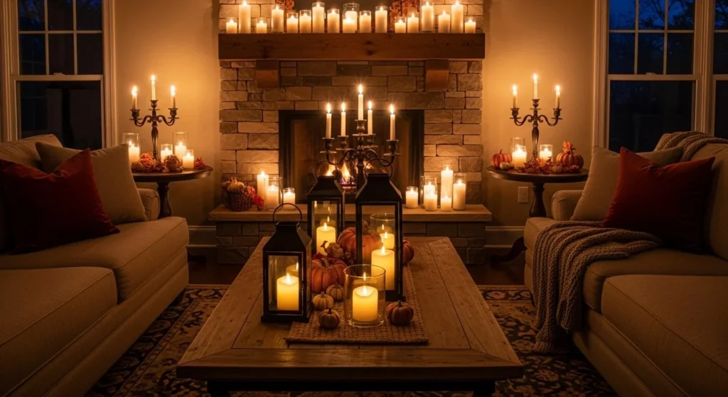 10 Thanksgiving Living Room Styling Ideas for Cozy Gatherings 8 Add Candlelight and Ambient Glow-min