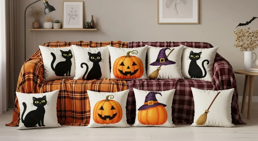 8 Halloween Living Room Decorating Ideas for a Fun and Spooky Atmosphere 6 Add Creepy-Cute Throw Pillows and Blankets