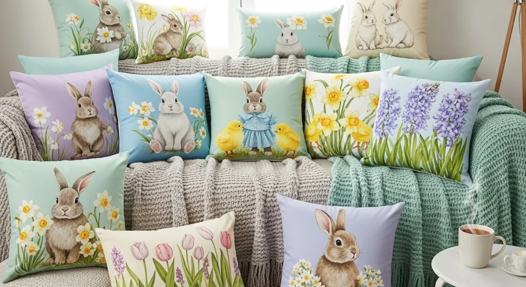 10 Easter Living Room Decor Ideas for a Cheerful Home 4 Add Easter-Themed Pillows and Throws