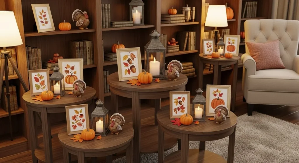 10 Thanksgiving Living Room Styling Ideas for Cozy Gatherings 11 Add Festive Tabletop and Shelf Accents-min
