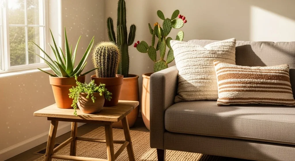 8 Desert-Inspired Living Room Ideas with Warm Tones & Minimal Decor 7 Add Greenery with Succulents and Cacti-min