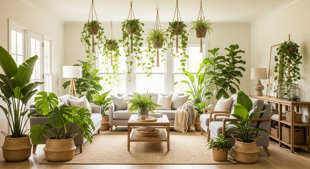 11 Earthy Living Room Ideas to Bring Nature Indoors 5 Add Plenty of Greenery