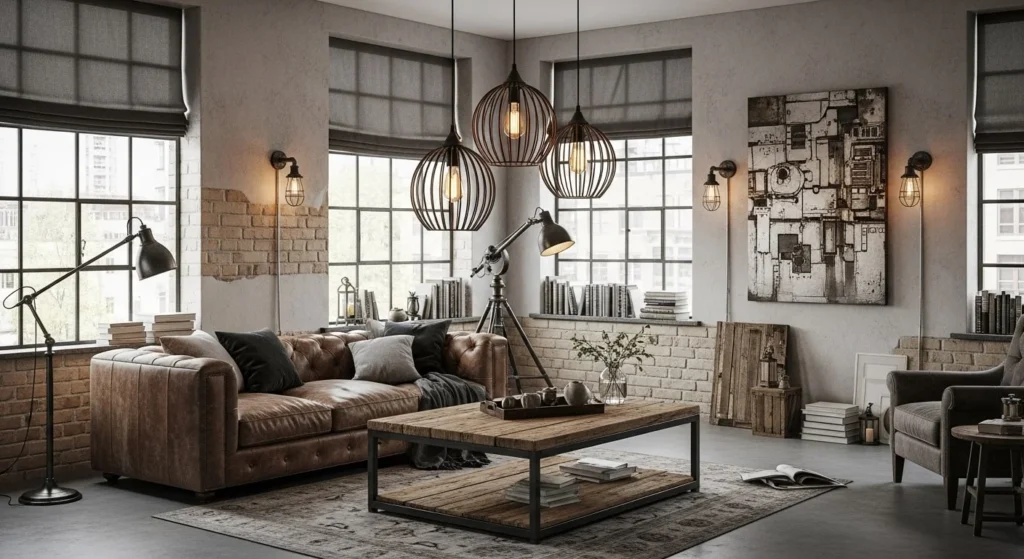 9 Industrial Living Room Designs for a Chic Urban Vibe 7 Add Statement Lighting