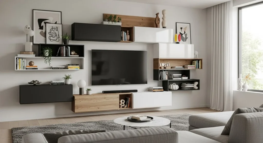 10 Floating TV Unit Designs for a Sleek Living Room Look 6 Asymmetrical Floating Units (Stacked Boxes)-min
