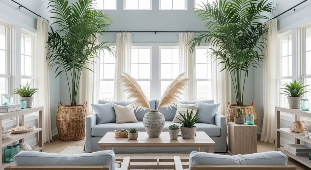 7 Coastal Living Room Ideas for a Breezy, Beach-Inspired Home 9 Bring in Greenery and Coastal Botanicals-min