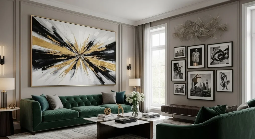 9 Glam Living Room Ideas for a Touch of Luxury 8 Choose Bold Artwork and Décor-min