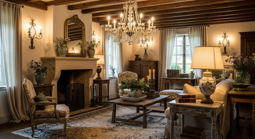 10 French Country Living Room Ideas for Timeless Elegance 10 Choose Classic French-Inspired Lighting-min