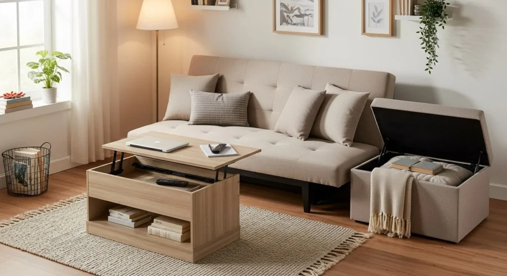 10 Small Living Room Ideas to Maximize Space and Style Efficiently 3 Choose Multipurpose Furniture