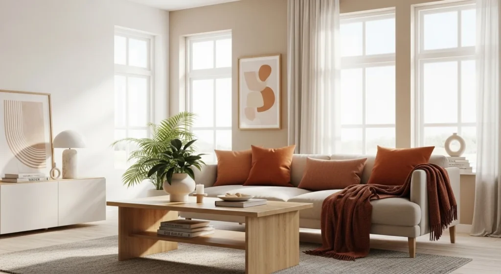9 Living Room Color Combination Ideas to Elevate Your Space 3 Classic Neutrals with a Warm Accent