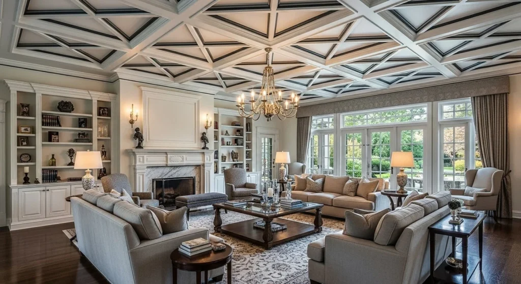 10 Ceiling Design Ideas to Transform Your Living Room from Above 3 Coffered Ceilings for Timeless Elegance-min