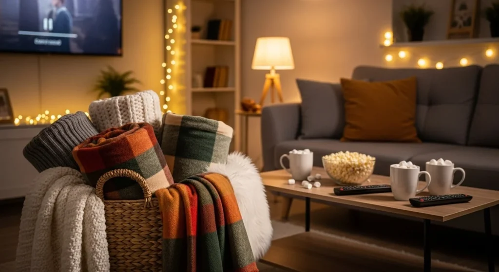 10 Cozy Movie Night Living Room Setups for Family & Friends 7 Cozy Blanket Layers-min