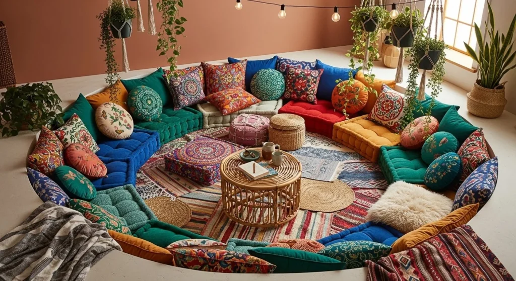 7 Conversation Pit Living Room Ideas for a Retro Comeback 5 Cozy Bohemian Pit-min