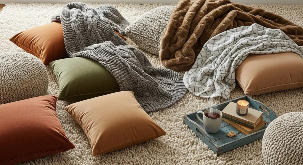 10 Cozy Movie Night Living Room Setups for Family & Friends 10 Cozy Rug & Layered Textures-min