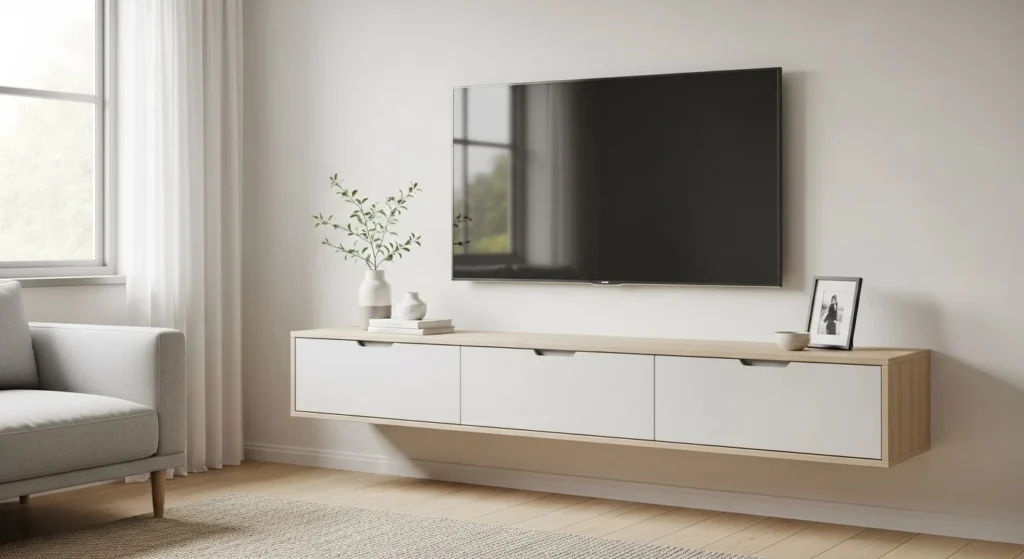 10 Floating TV Unit Designs for a Sleek Living Room Look 4 Floating Console with Drawers-min