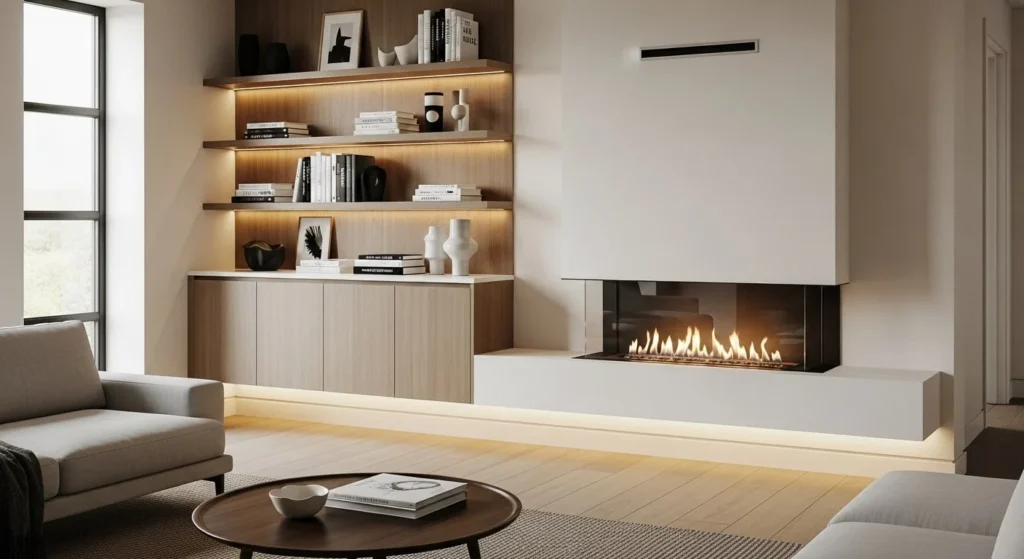5 Modern Fireplace Ideas for the Living Room 6 Floating Fireplace with Built-In Storage
