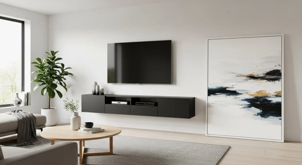 6 Modern Living Room TV Wall Ideas 5 Floating TV Console with Hidden Wires-min