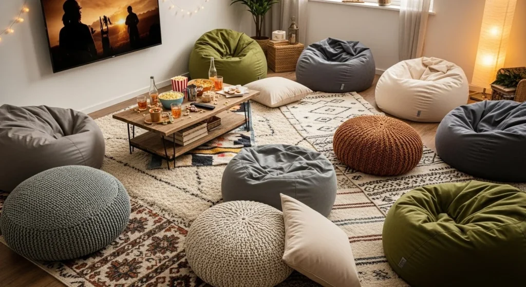 10 Cozy Movie Night Living Room Setups for Family & Friends 4 Floor Cushions & Bean Bags-min