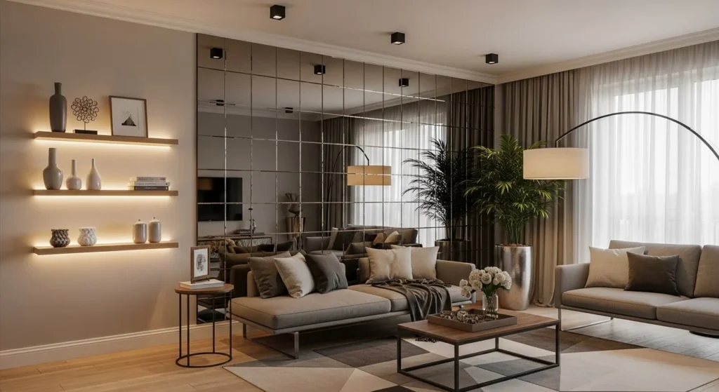8 Mirror Decor Ideas to Brighten and Enlarge Your Living Room 6 Full Wall of Mirrors-min