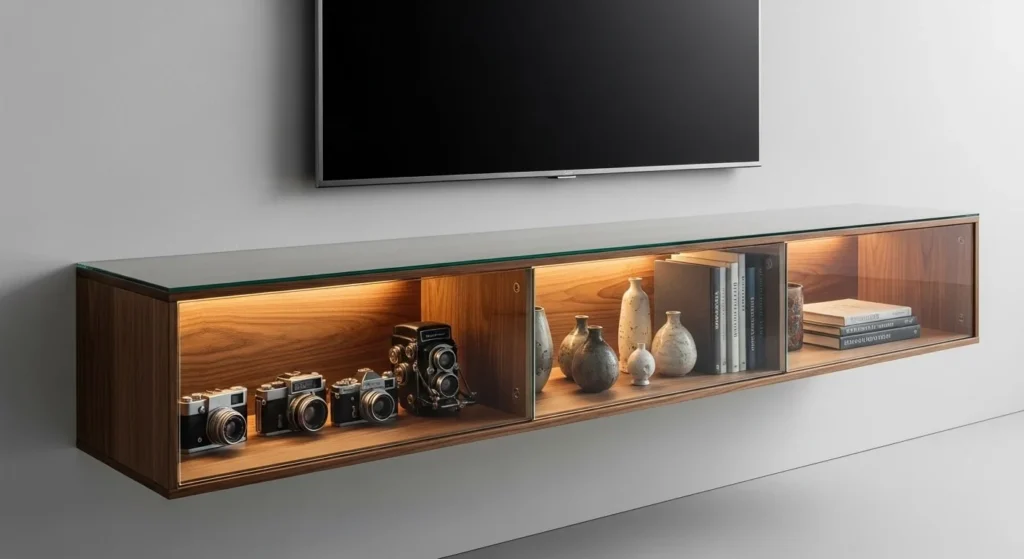 10 Floating TV Unit Designs for a Sleek Living Room Look 9 Glass-Front Floating Unit (Display + Protection)-min