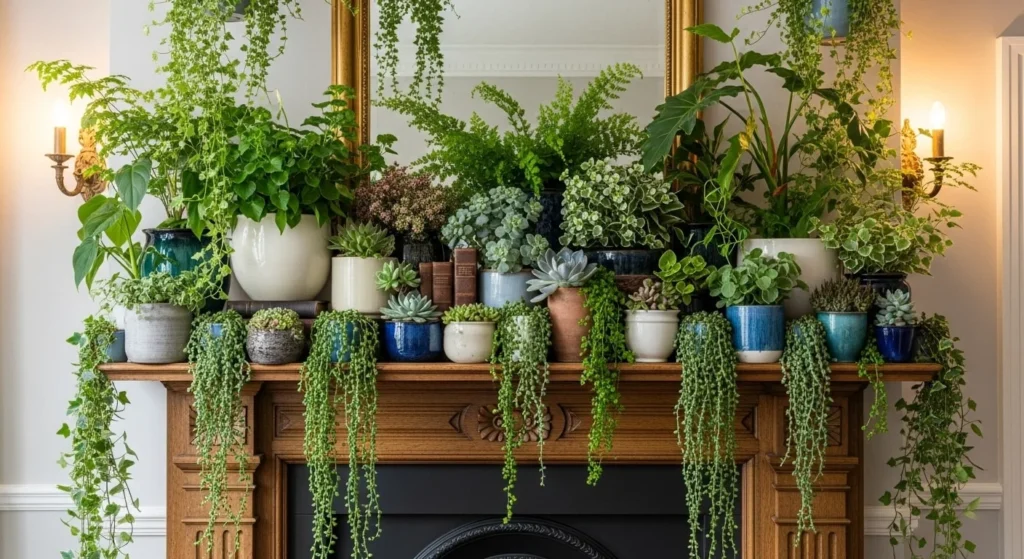 9 Fireplace Mantel Styling Ideas for Every Season 11 Greenery-Filled Mantel-min
