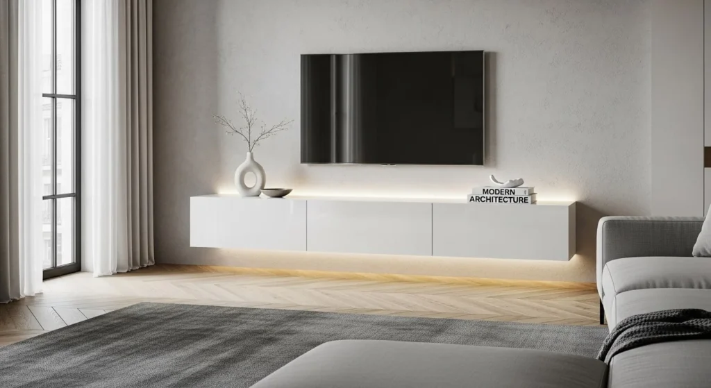 10 Floating TV Unit Designs for a Sleek Living Room Look 12 High-Gloss Floating Unit with Concealed Lighting-min