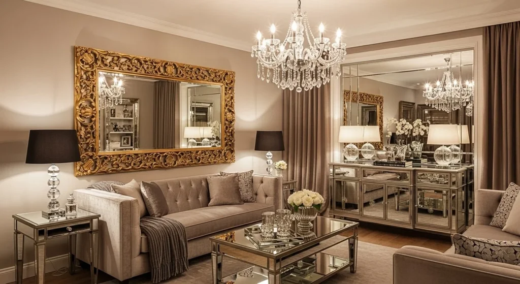 9 Glam Living Room Ideas for a Touch of Luxury 6 Incorporate Mirrors and Reflective Surfaces-min