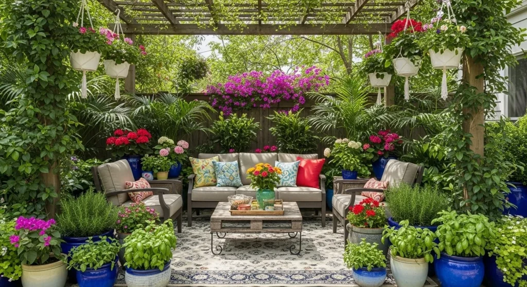 7 Cozy Outdoor Living Room Ideas to Create Your Perfect Relaxing Space 7 Incorporate Nature with Greenery and Planters-min
