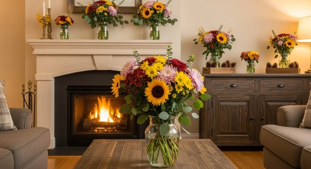 10 Thanksgiving Living Room Styling Ideas for Cozy Gatherings 10 Incorporate Seasonal Florals and Greenery-min