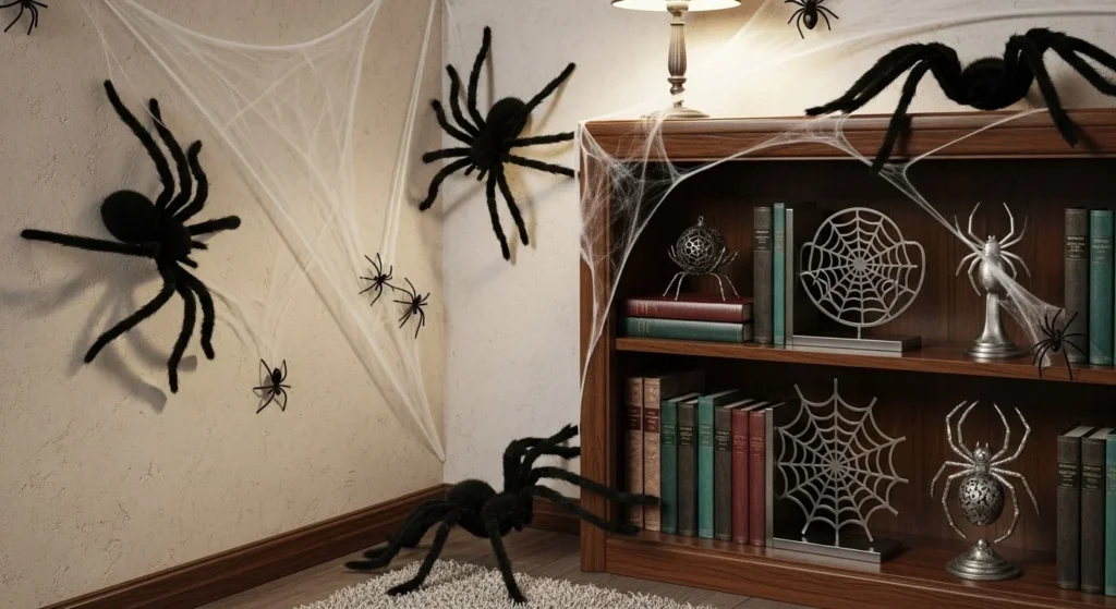 8 Halloween Living Room Decorating Ideas for a Fun and Spooky Atmosphere 7 Incorporate Spiders and Web Accents