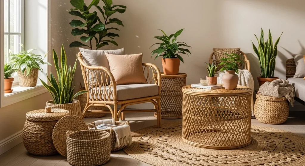 11 Earthy Living Room Ideas to Bring Nature Indoors 10 Incorporate Wicker and Rattan Furniture