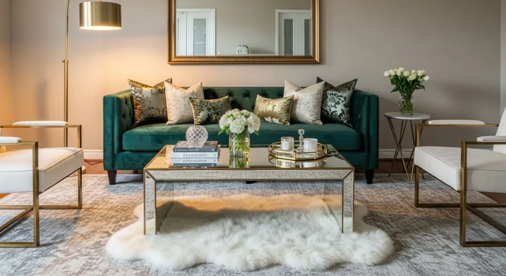 9 Glam Living Room Ideas for a Touch of Luxury 9 Layer Rugs for Depth-min