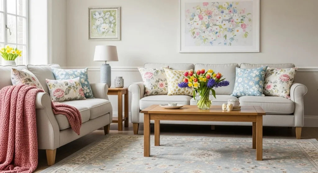 9 Fresh Spring Living Room Ideas to Brighten Your Space 6 Layer in Floral Patterns