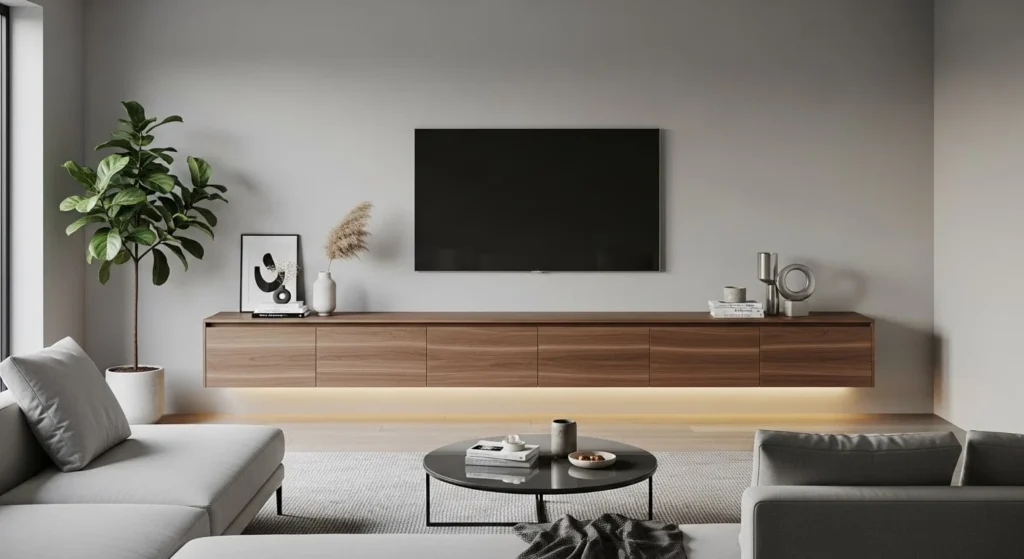 10 Floating TV Unit Designs for a Sleek Living Room Look 5 Long Low Floating Unit (Media Wall Stretch)-min