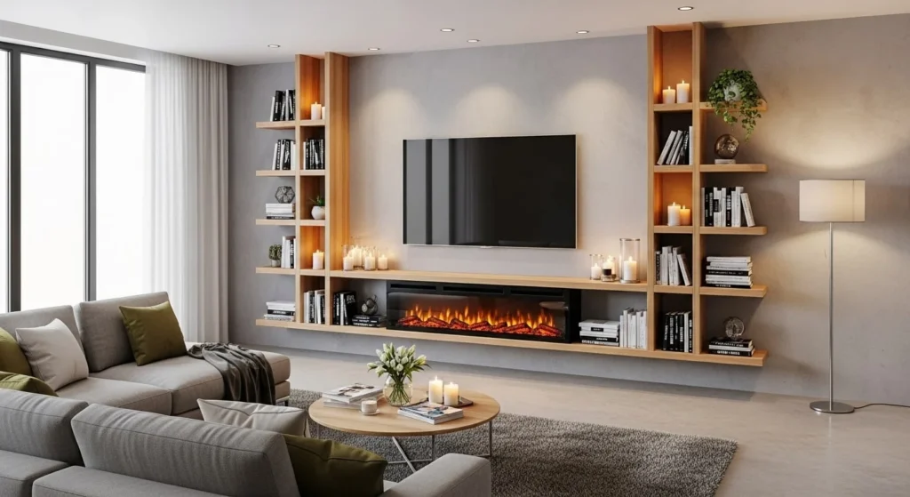 10 Floating TV Unit Designs for a Sleek Living Room Look 7 Media Unit with Integrated Shelving and Fireplace Niche-min