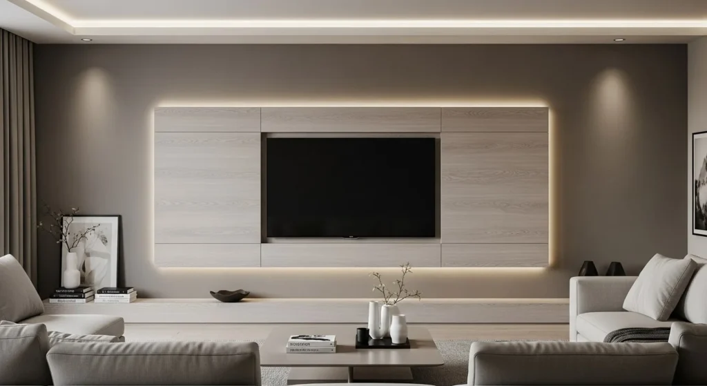 6 Modern Living Room TV Wall Ideas 7 Minimalist Paneling for a Seamless Look-min