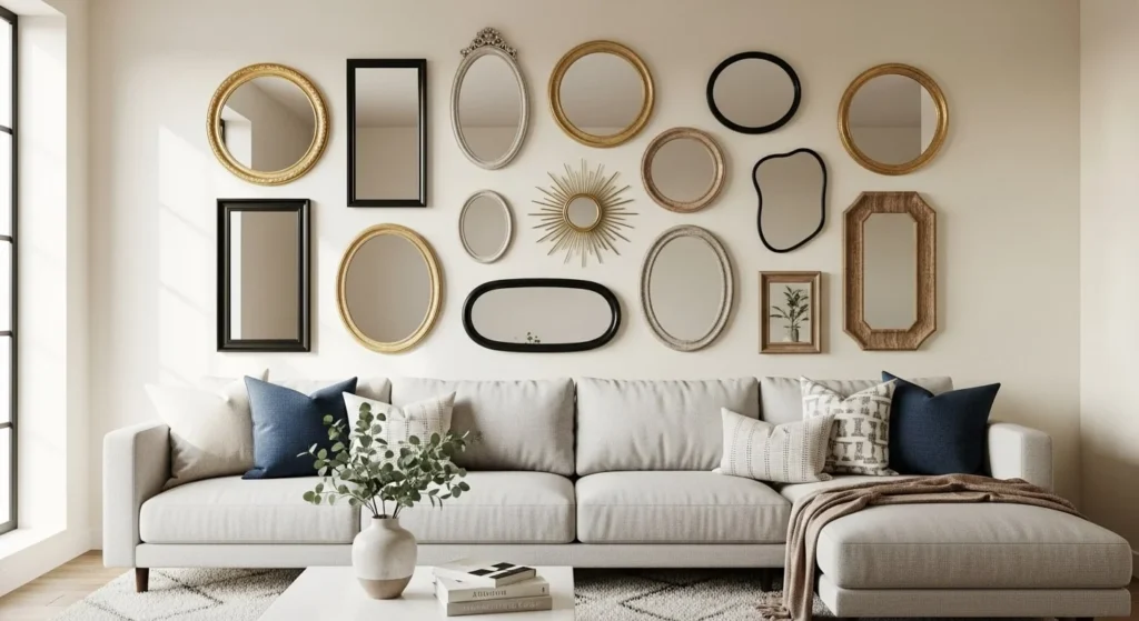 8 Mirror Decor Ideas to Brighten and Enlarge Your Living Room 4 Mirror Gallery Wall-min