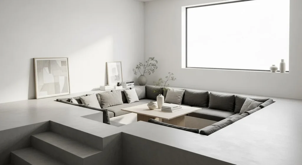 7 Conversation Pit Living Room Ideas for a Retro Comeback 4 Modern Minimalist Pit-min
