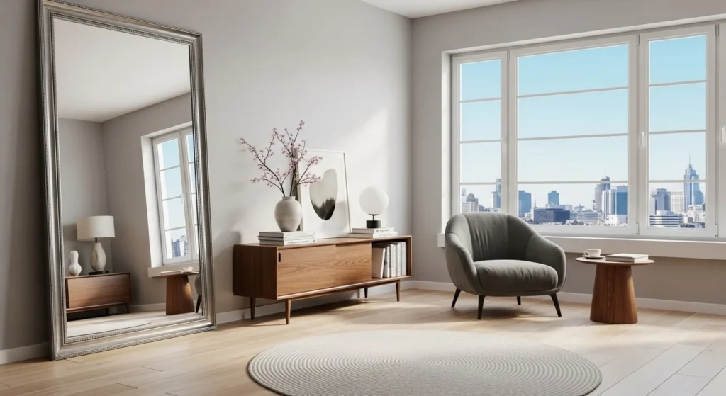8 Mirror Decor Ideas to Brighten and Enlarge Your Living Room 3 Oversized Statement Mirror-min