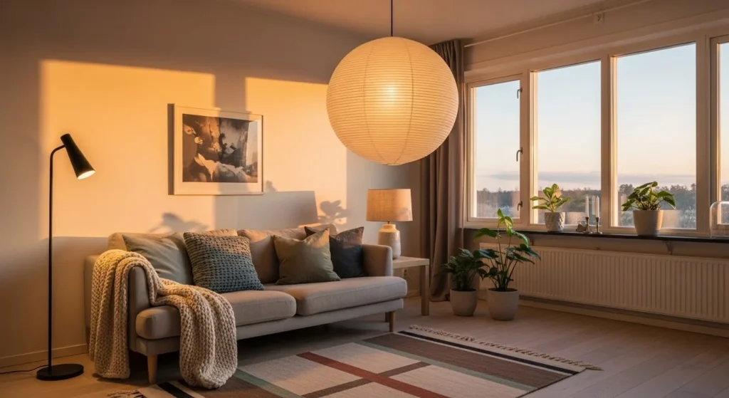 10 Scandinavian Living Room Ideas for a Minimal Yet Cozy Look 8 Prioritize Soft, Layered Lighting