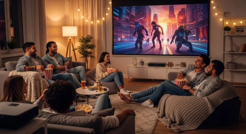 10 Cozy Movie Night Living Room Setups for Family & Friends 8 Projector & Big Screen Setup-min