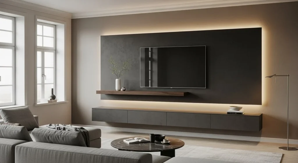 10 Floating TV Unit Designs for a Sleek Living Room Look 10 Recessed Floating Unit (Built-In Look)-min
