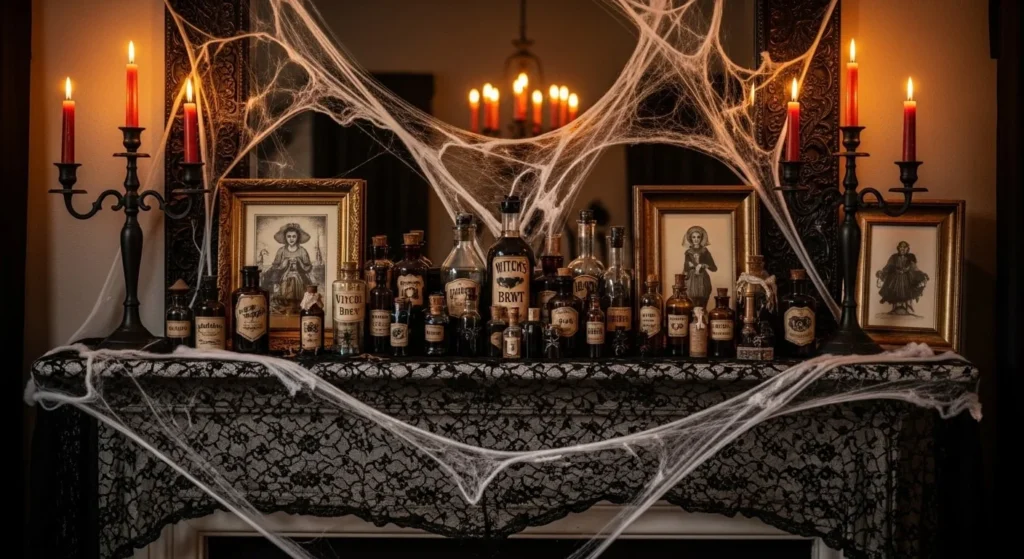 8 Halloween Living Room Decorating Ideas for a Fun and Spooky Atmosphere 5 Style the Mantel with Gothic Elegance