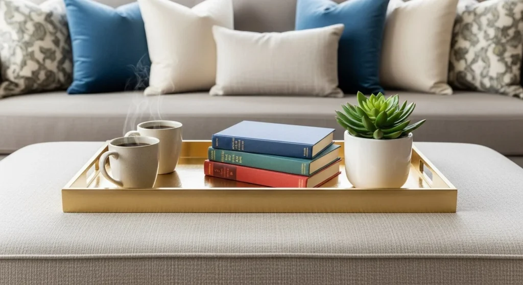 8 Ottoman Styling Ideas to Add Comfort and Function 5 Style with Trays for Functionality-min