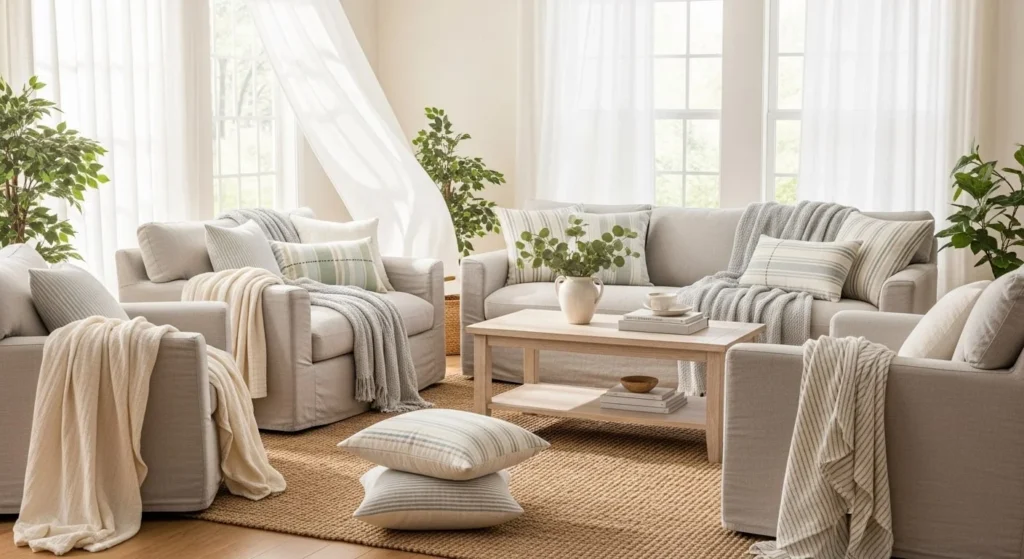 8 Summer Living Room Styling Ideas for a Light and Breezy Space 5 Swap Heavy Textiles for Airy Fabrics