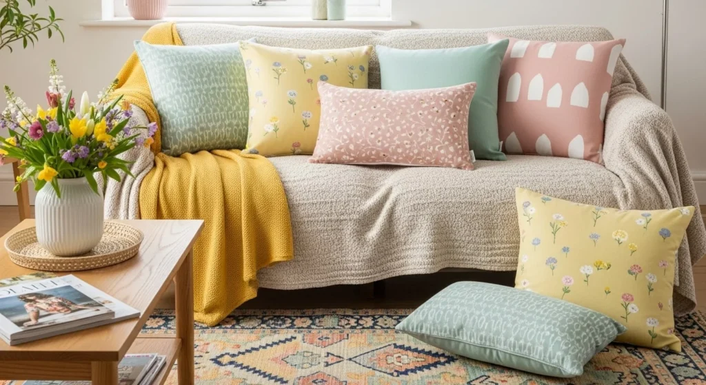 9 Fresh Spring Living Room Ideas to Brighten Your Space 7 Update Throws, Cushions, and Rugs