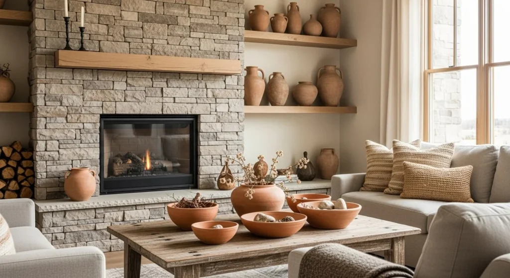 11 Earthy Living Room Ideas to Bring Nature Indoors 7 Use Stone and Clay Accents