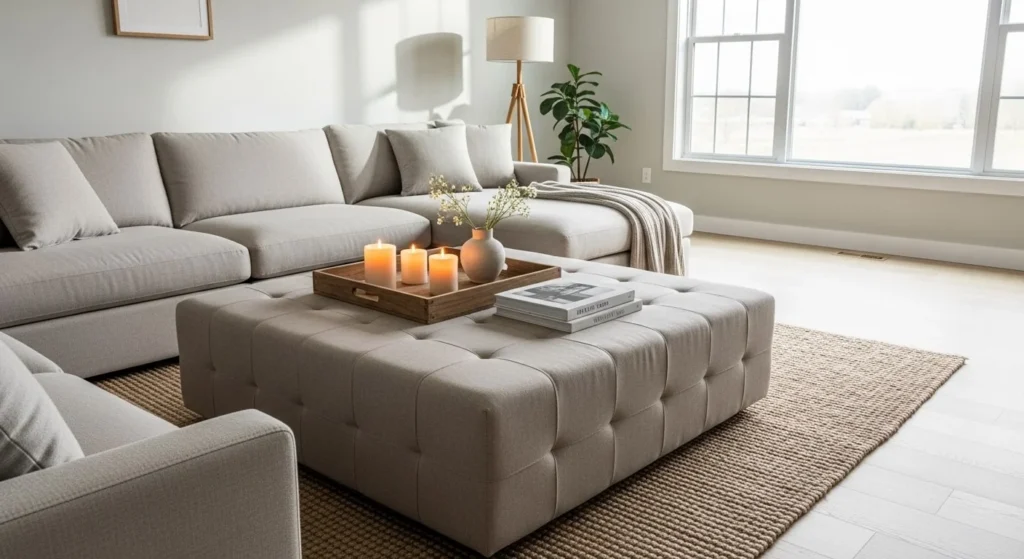 8 Ottoman Styling Ideas to Add Comfort and Function 3 Use an Ottoman as a Coffee Table-min