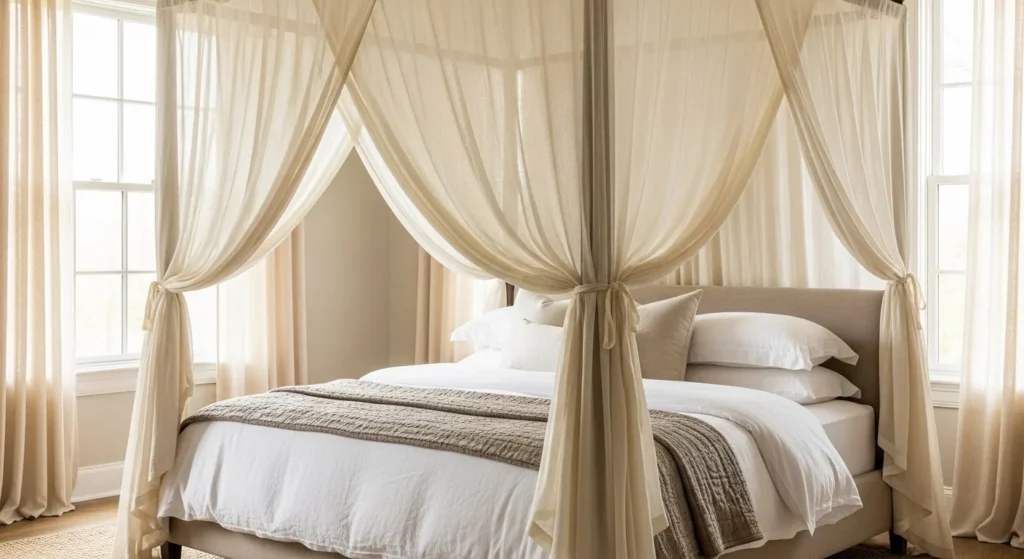 15 Cozy Bedroom Ideas with Warm Lighting and Textures 13 Canopy or Draped Effect-min