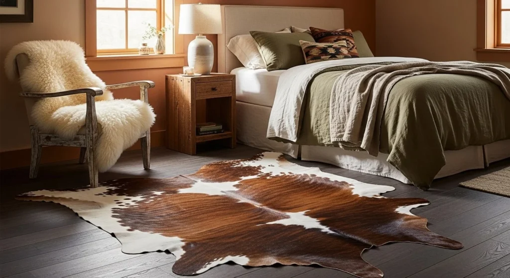 15 Rustic Bedroom Ideas with Natural Charm 12 Cowhide or Sheepskin Rugs-min